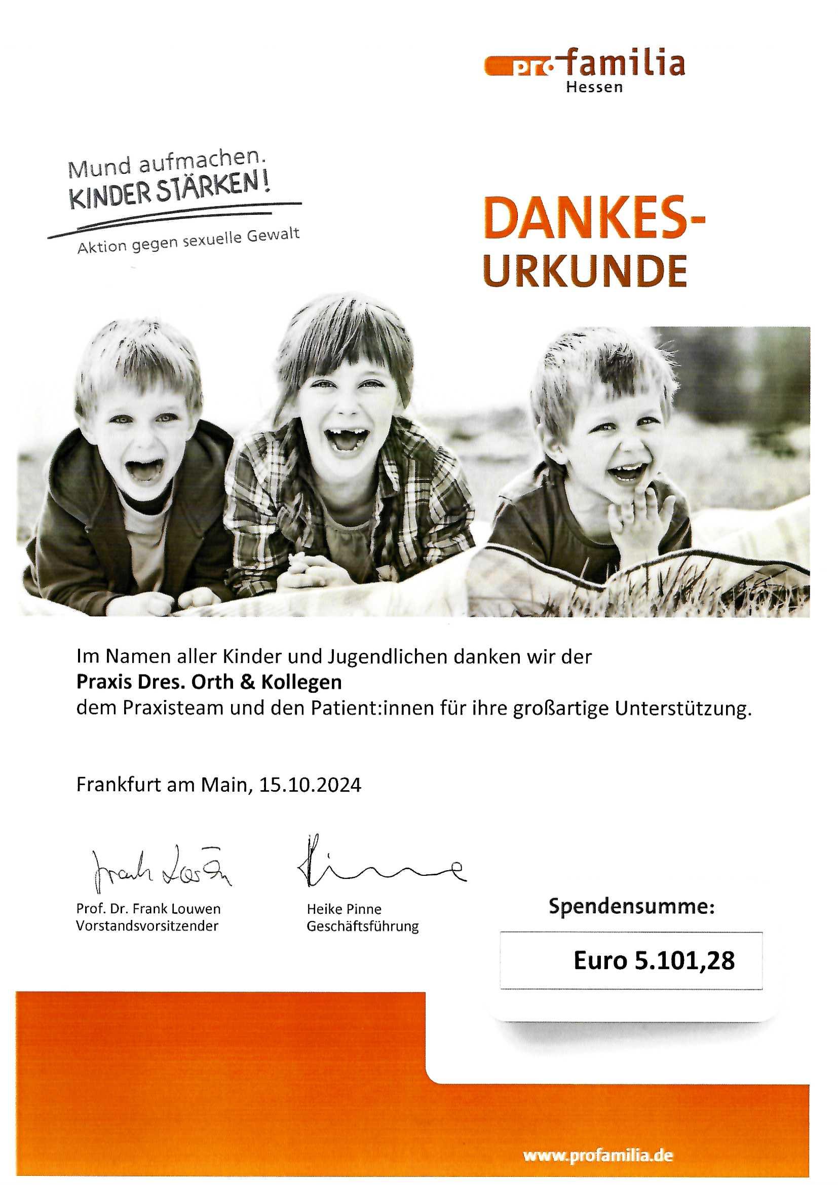 Dankesurkunde von pro familia Hessen für die Praxis Orth
