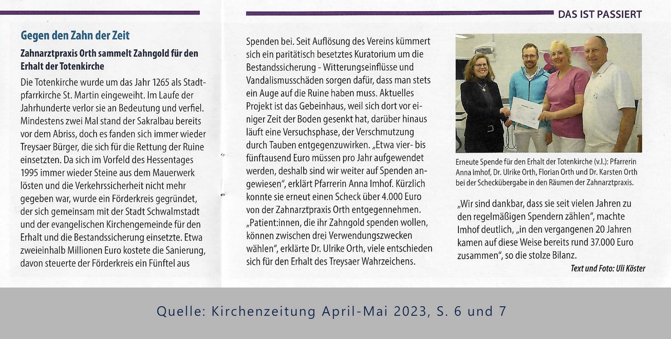 Bericht in der Kirchenzeitung: Zahnarztpraxis Orth sammelt Zahngold für den Erhalt der Totenkirche