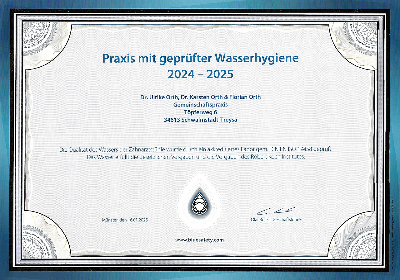 Wir sind eine Praxis mit gerprüfter Wasserhygiene